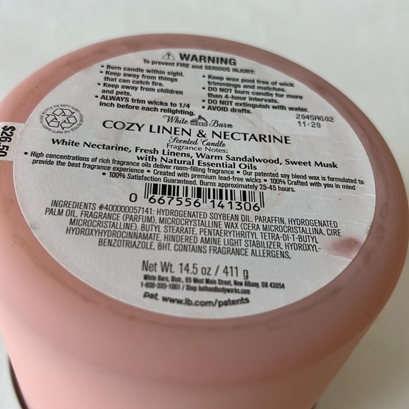 Bath and Body Works White Barn Cozy Linen & Nectarine 3 Wick Candle Never Burned - Picture 4 of 4